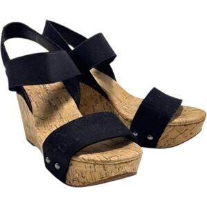 Lucky Brand Wedge Cork Slingback Sandals Malliah Black Women's 7 M Coastal Girl